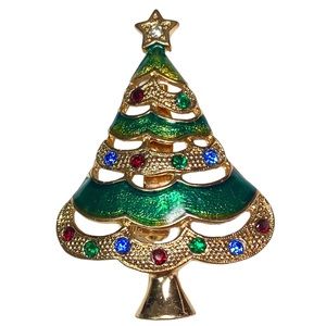 Christmas Tree Brooch Pin Enamel Rhinestones Gold Tone Vintage